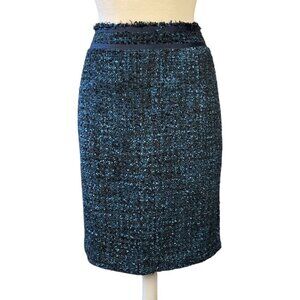 J. Mclaughlin Midnight Blue Bouclé Lined Pencil Skirt Fringe Waistband Size 6